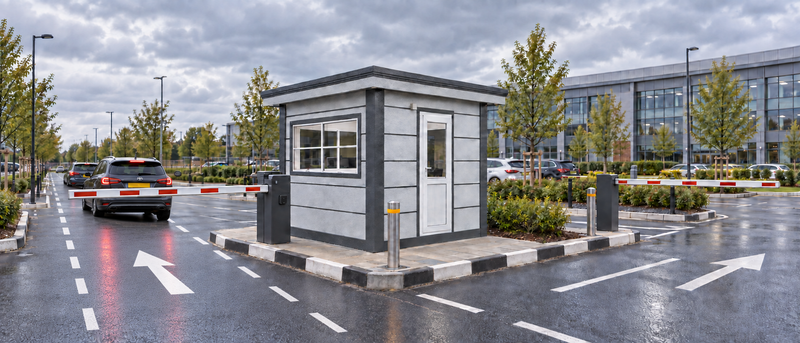 Car park attendant cabin between barrier arms on a kerbed island in a business park car park
