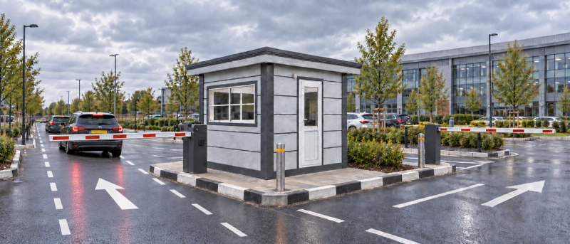 Car park attendant cabin between barrier arms on a kerbed island in a business park car park