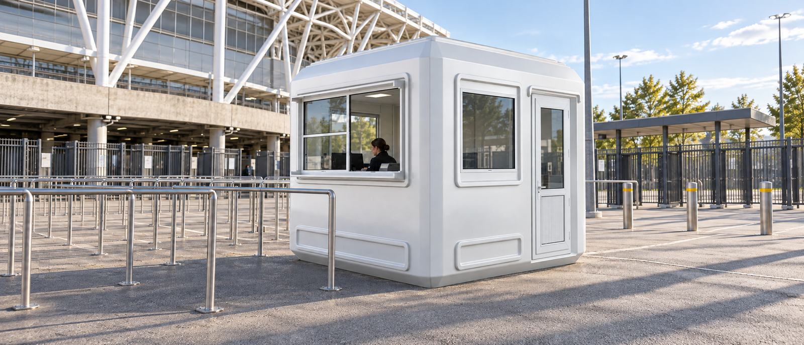 White GRP ticket kiosk with a staffed service window and queue rails on a stadium concourse