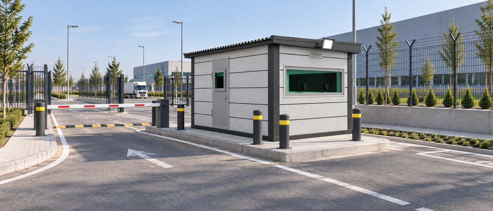 Bullet-resistant security cabin with protective bollards at an industrial site checkpoint