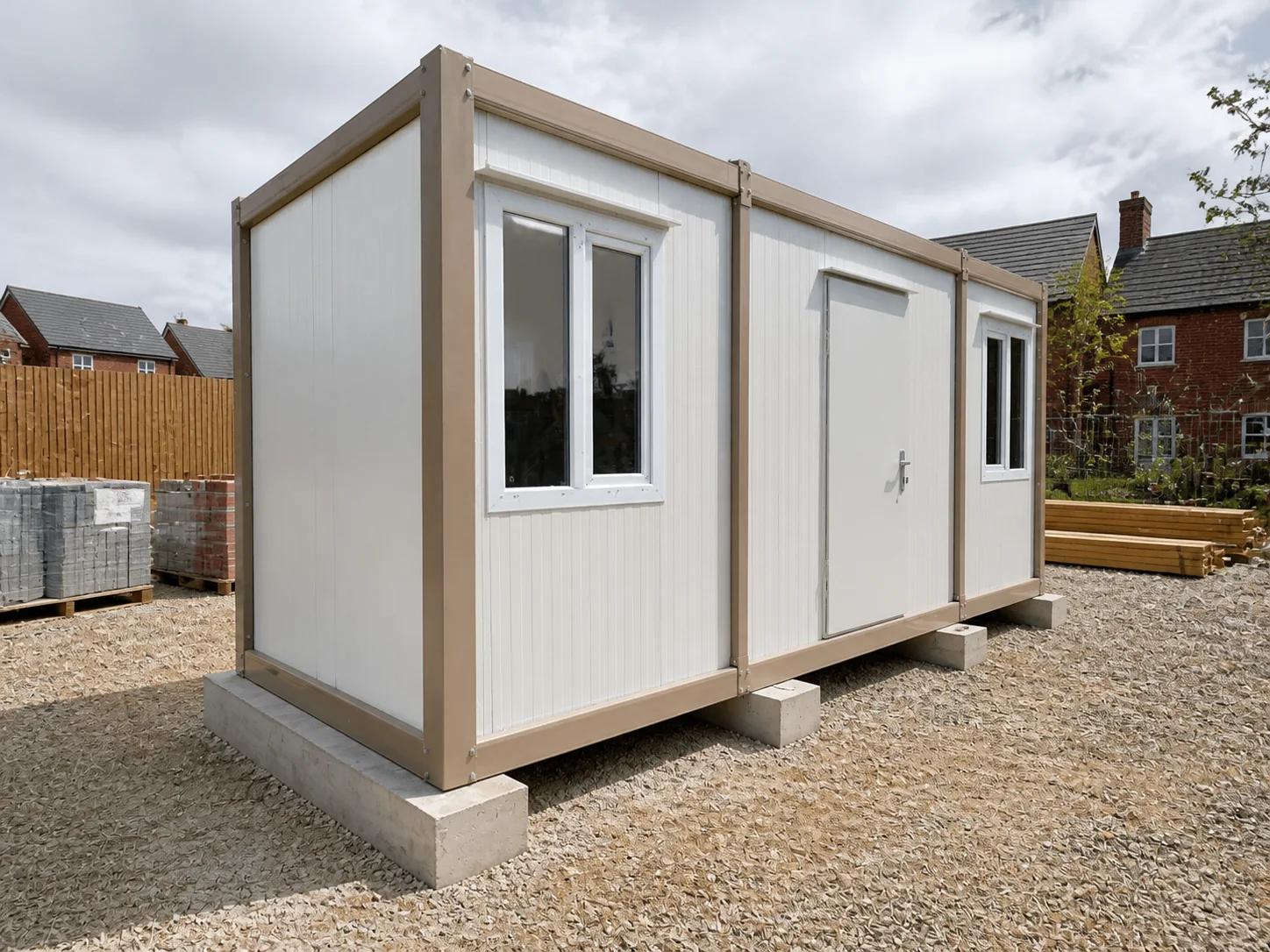 Steel-framed portable cabin with white panels, a central door and two windows on concrete blocks at a housing development