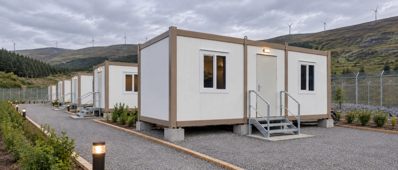 Row of portable accommodation cabins on a gravel site with wind turbines on the hills behind