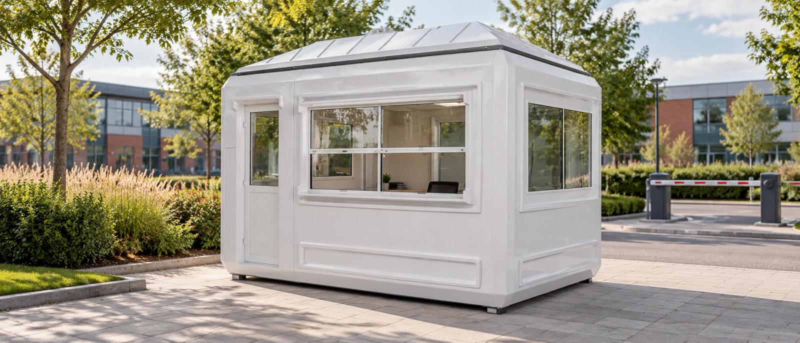Concept of a white moulded GRP kiosk with sliding service windows at a landscaped business park entrance