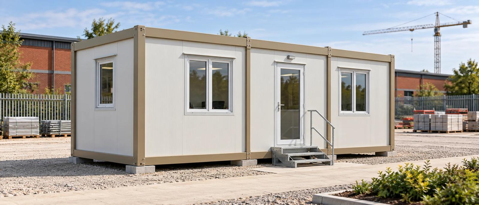 Concept of a white portable office cabin with a taupe steel frame and entrance steps at a tidy construction site