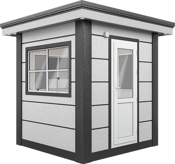 MetroCity Modular Cabin 7ft × 7ft (2.15m × 2.15m), three-quarter view from the left