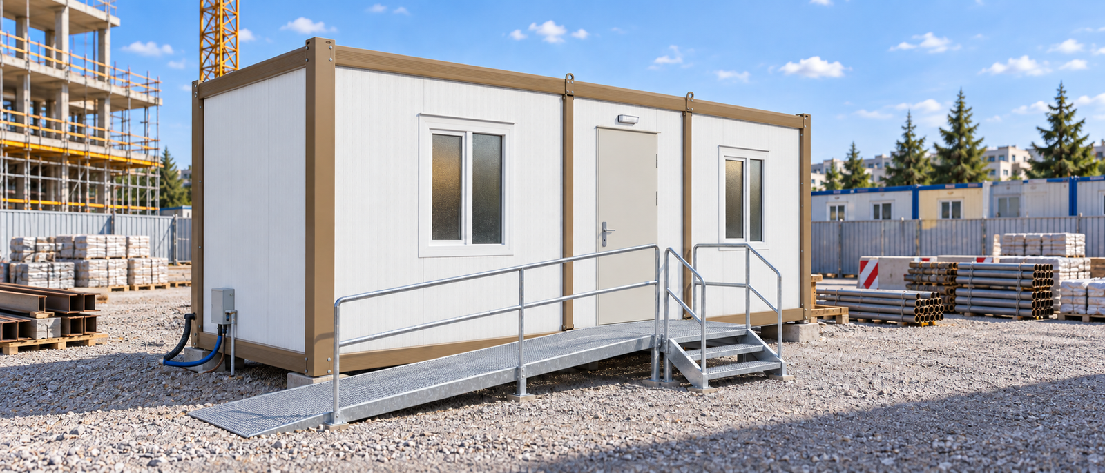 Portable welfare cabin with frosted windows, access ramp and steps on a construction site