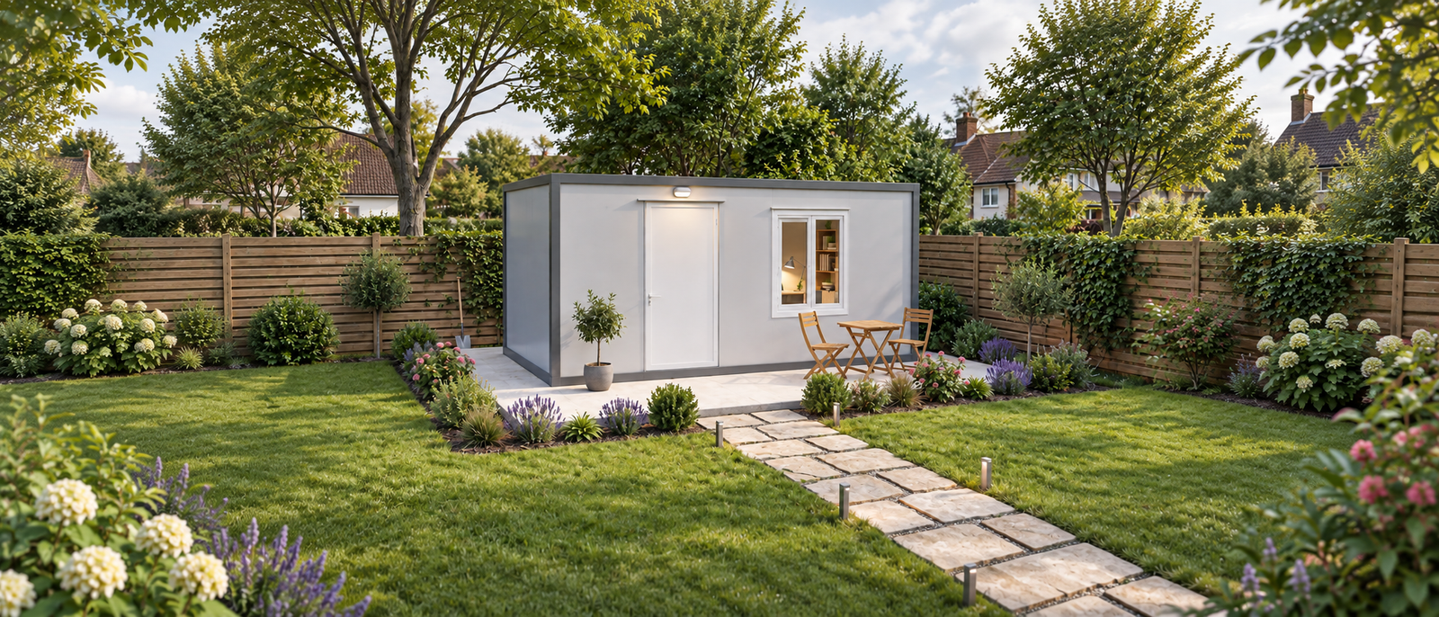 Garden office cabin on a patio at the end of a landscaped back garden