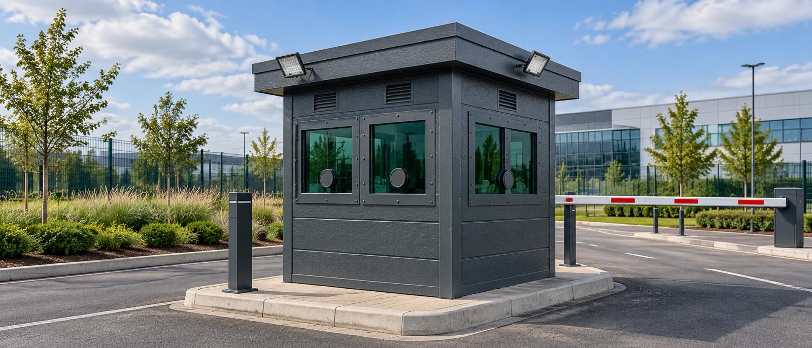 Concept of a charcoal armoured gatehouse with reinforced glazing and floodlights beside a secure vehicle barrier