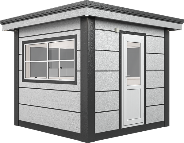 MetroCity Modular Cabin 9ft × 9ft (2.65m × 2.65m), three-quarter view from the left