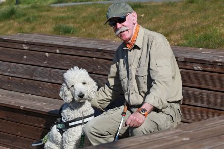 Bjørn Færø fekk førarhunden Rocco i september i fjor. No føler han seg friare og tryggare. (Foto: Kjetil Vasby Bruarøy)