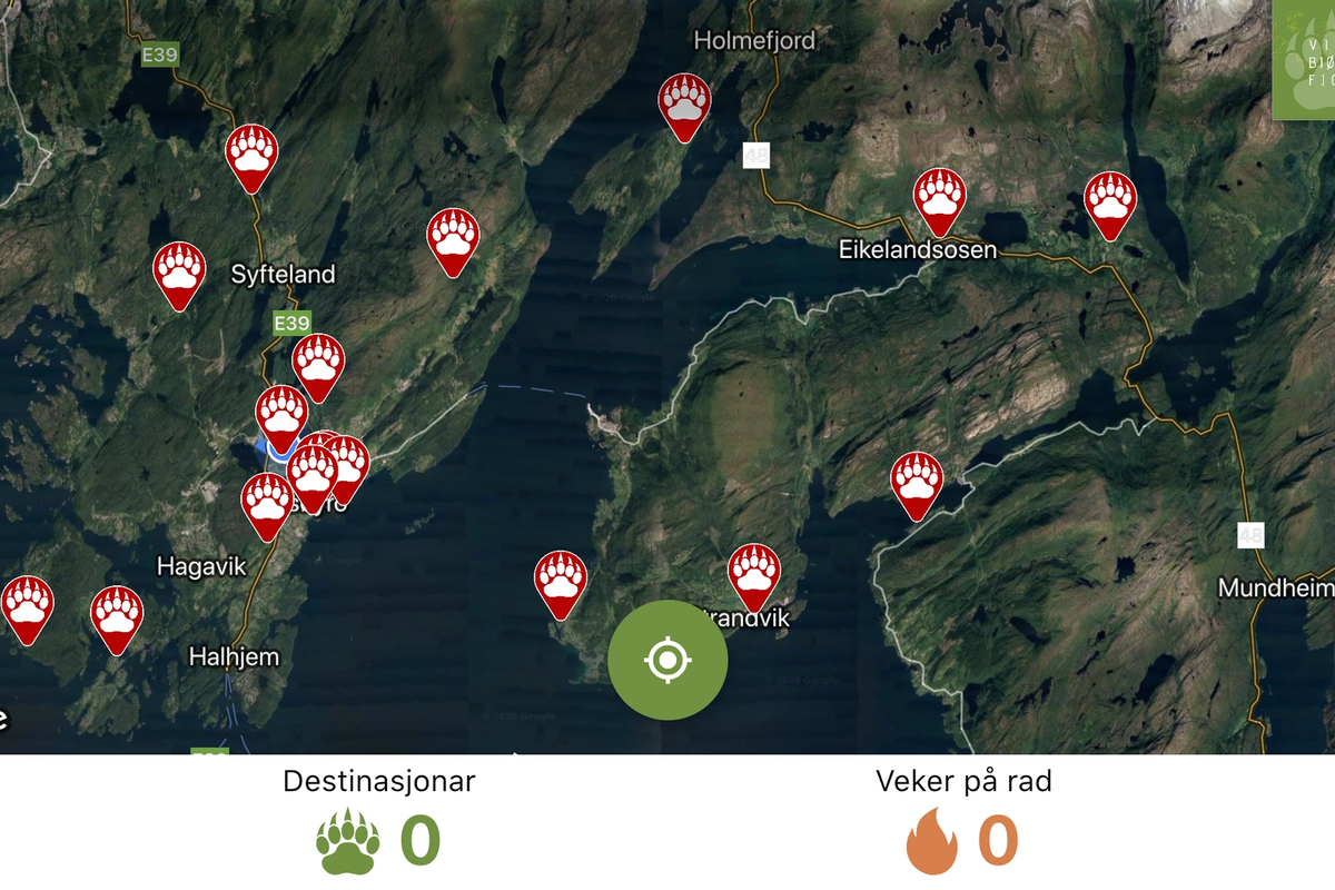 Førebels er det registrert totalt 20 ulike attraksjonar ein kan sjekka seg inn på i appen. (Foto: Skjermbilete av app)