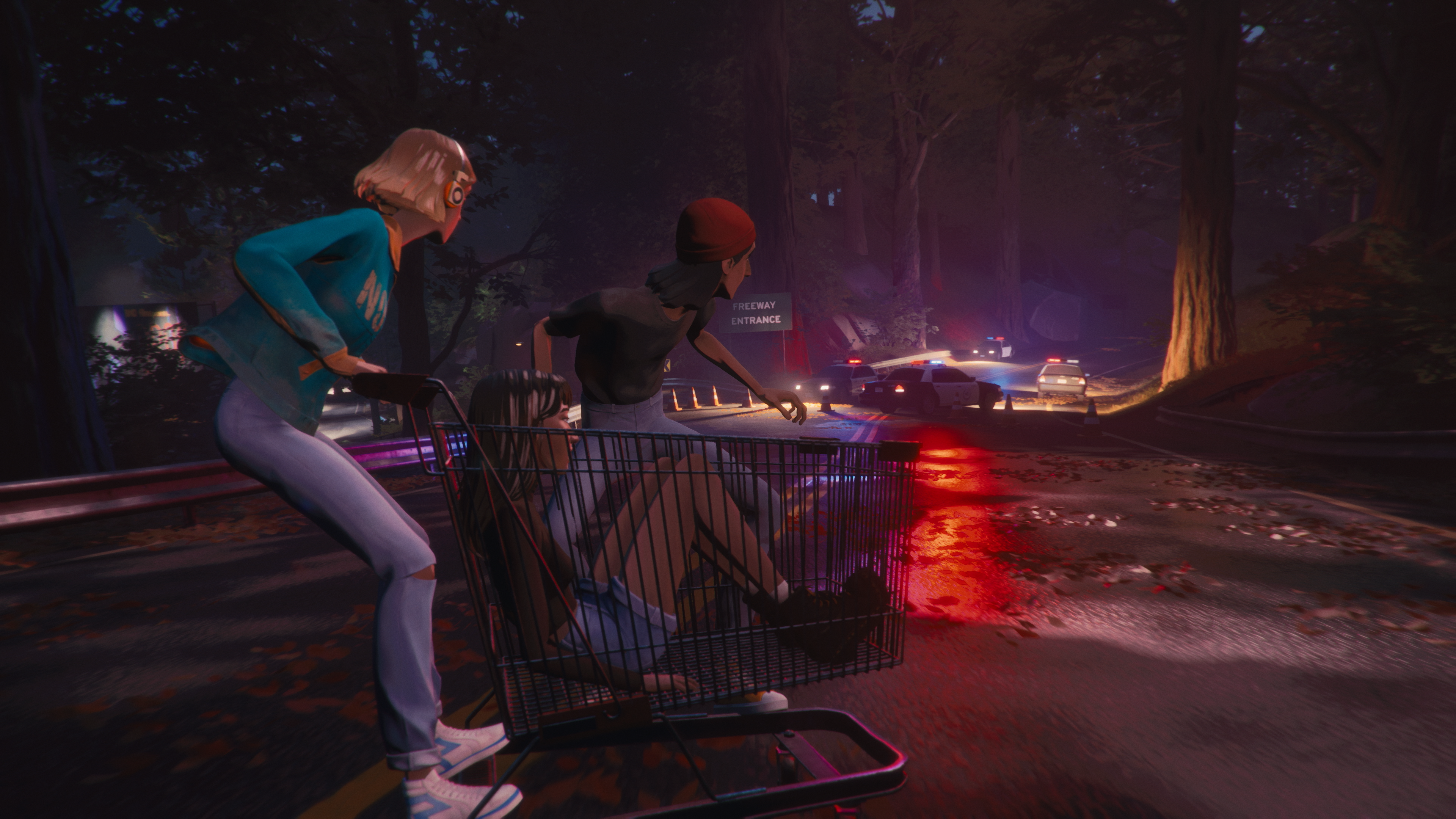 Mixtape shopping cart sequence with police cars ahead for managing a chase without overcorrecting direction