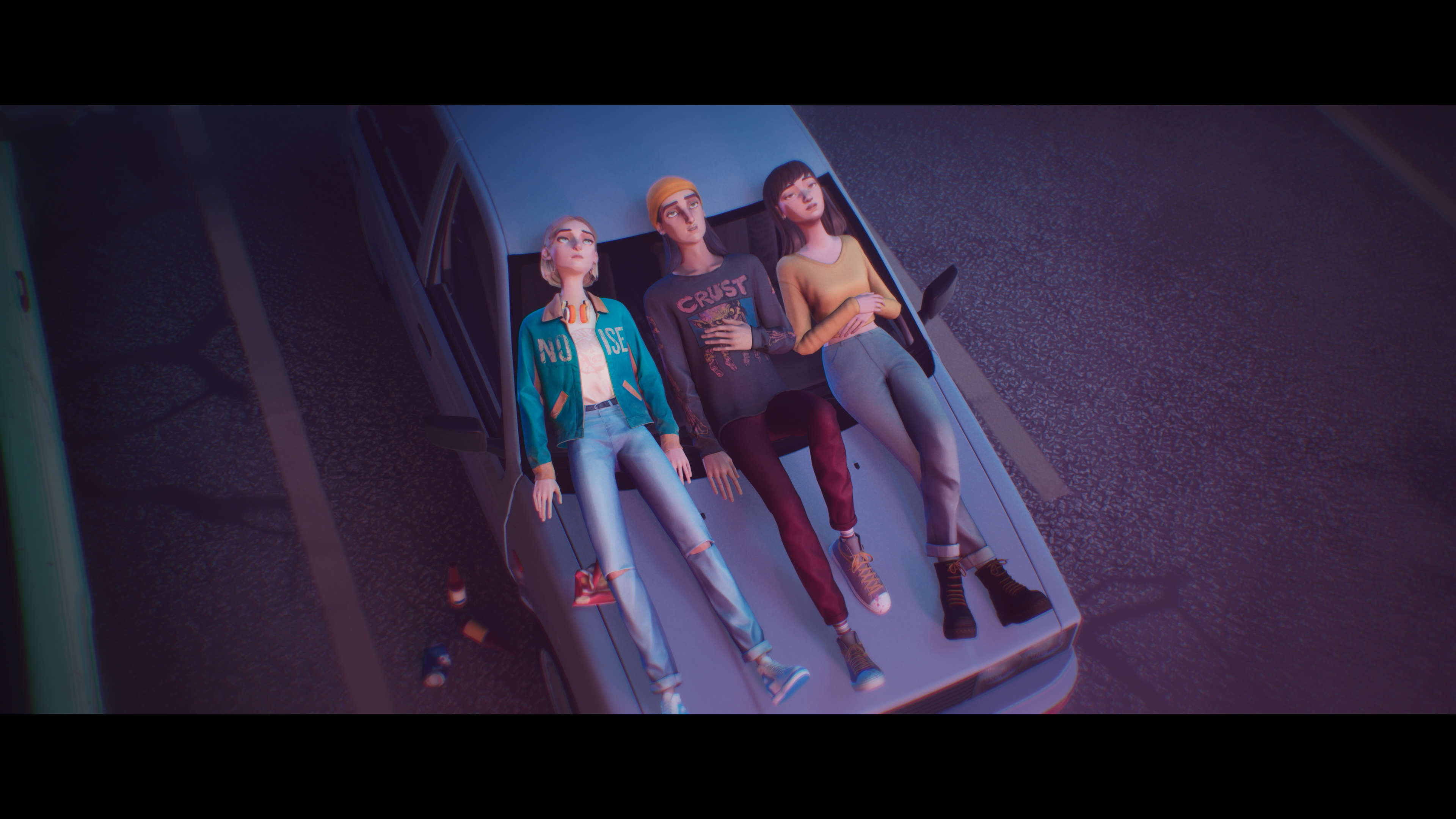 The three Mixtape characters lying on a car for pausing between vignettes and avoiding rushing the story