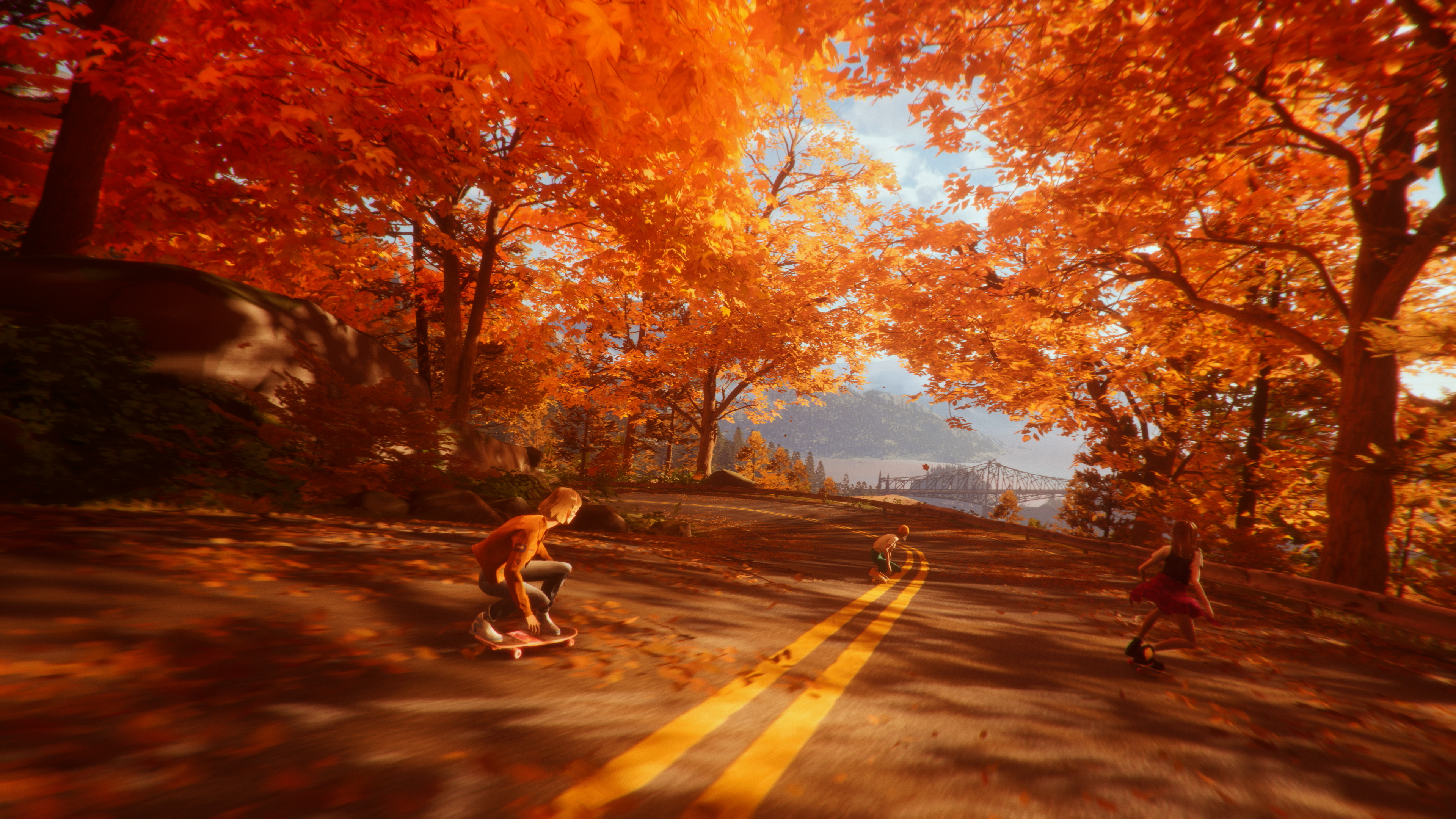 Mixtape downhill skateboarding scene showing the road and the three friends for keeping the camera aligned
