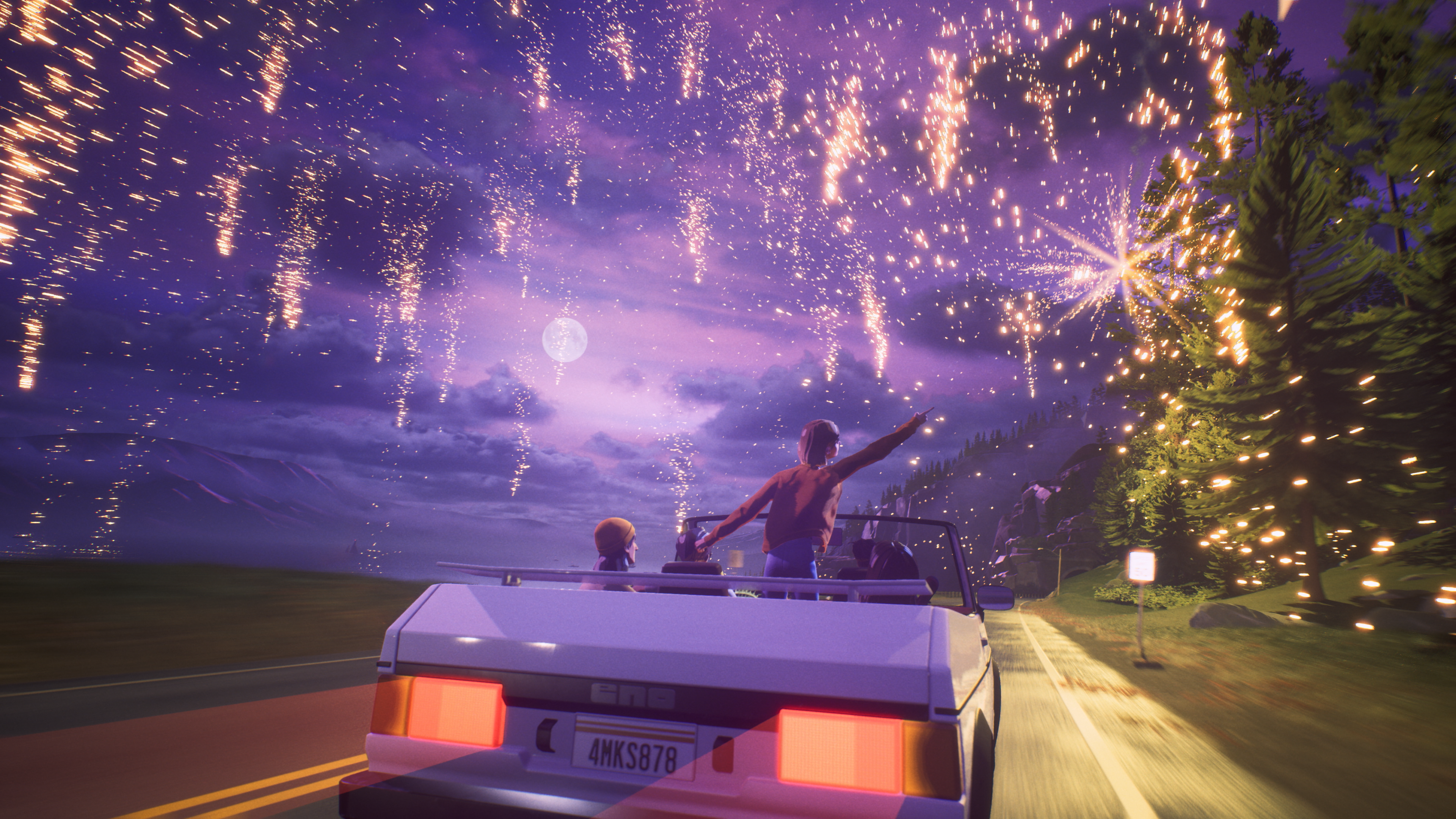 Mixtape car scene under fireworks for choosing stable platform and graphics settings before visually dense moments