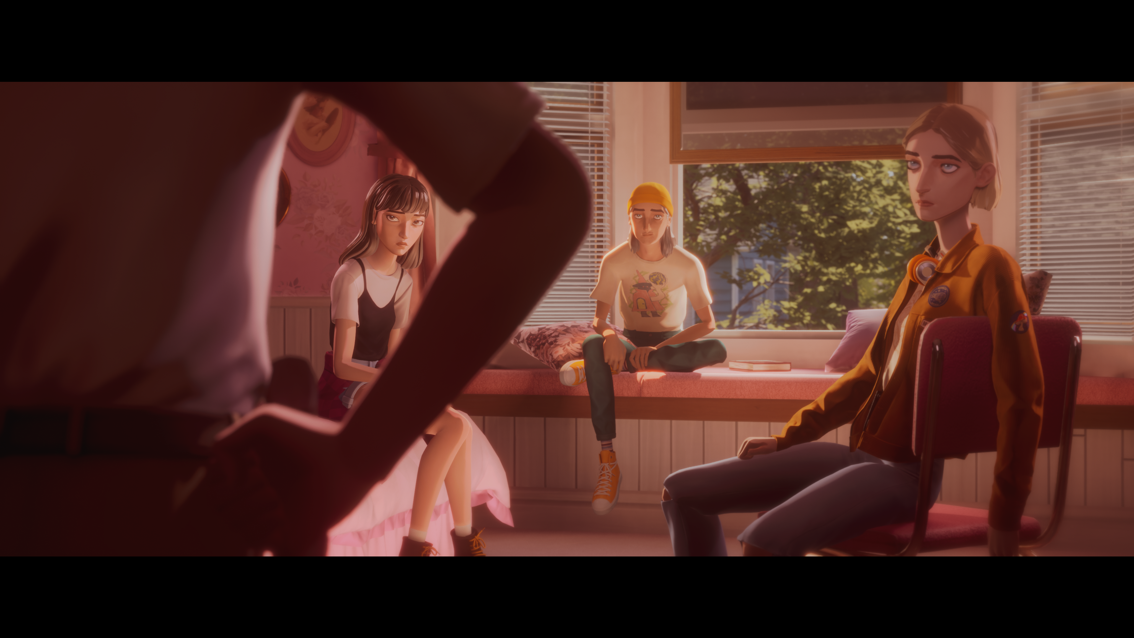 Mixtape dialogue scene with the three friends gathered in a bedroom for choosing interaction order before leaving