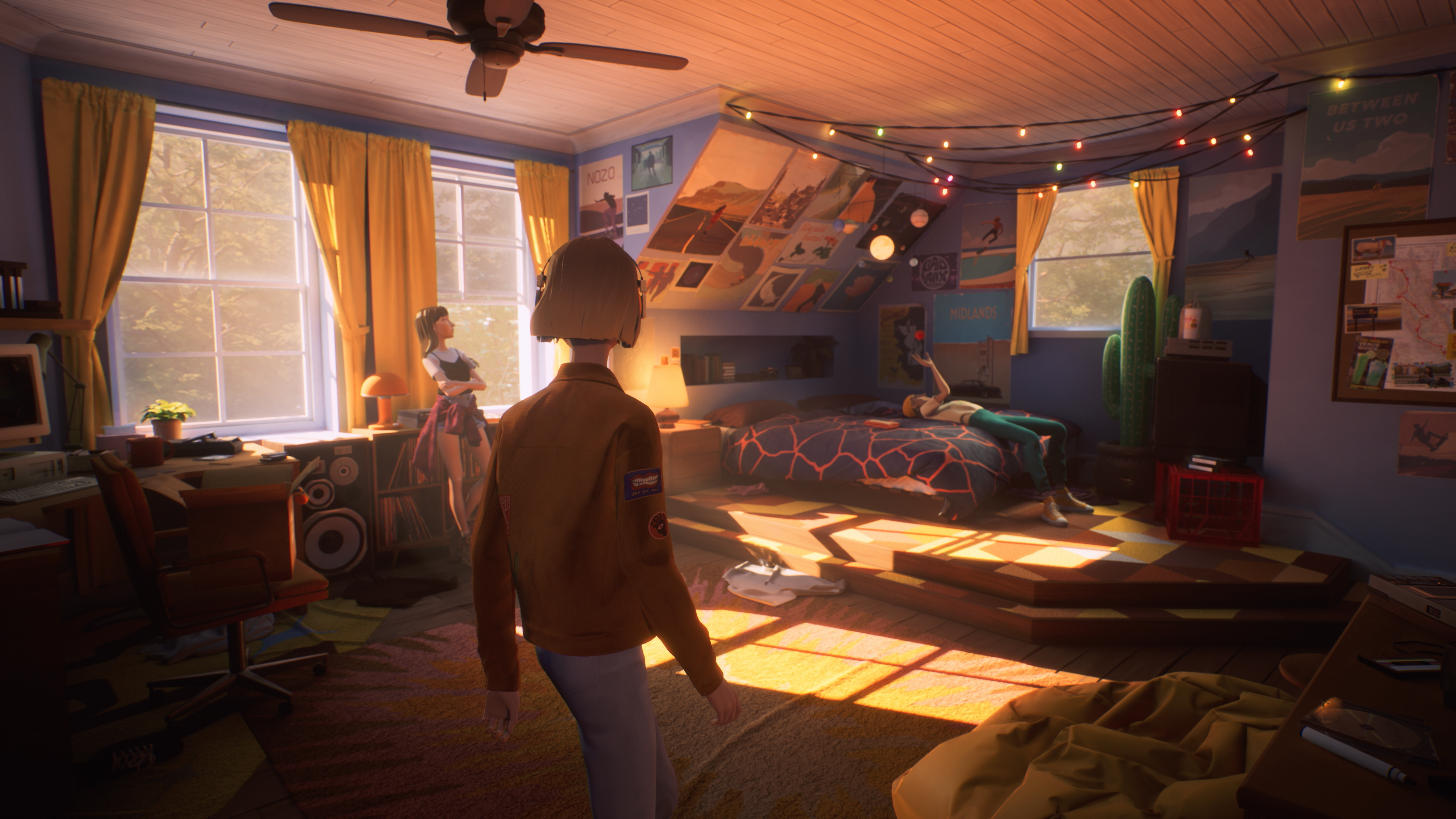 Mixtape bedroom scene with the friends and several visible objects to inspect before following the main objective