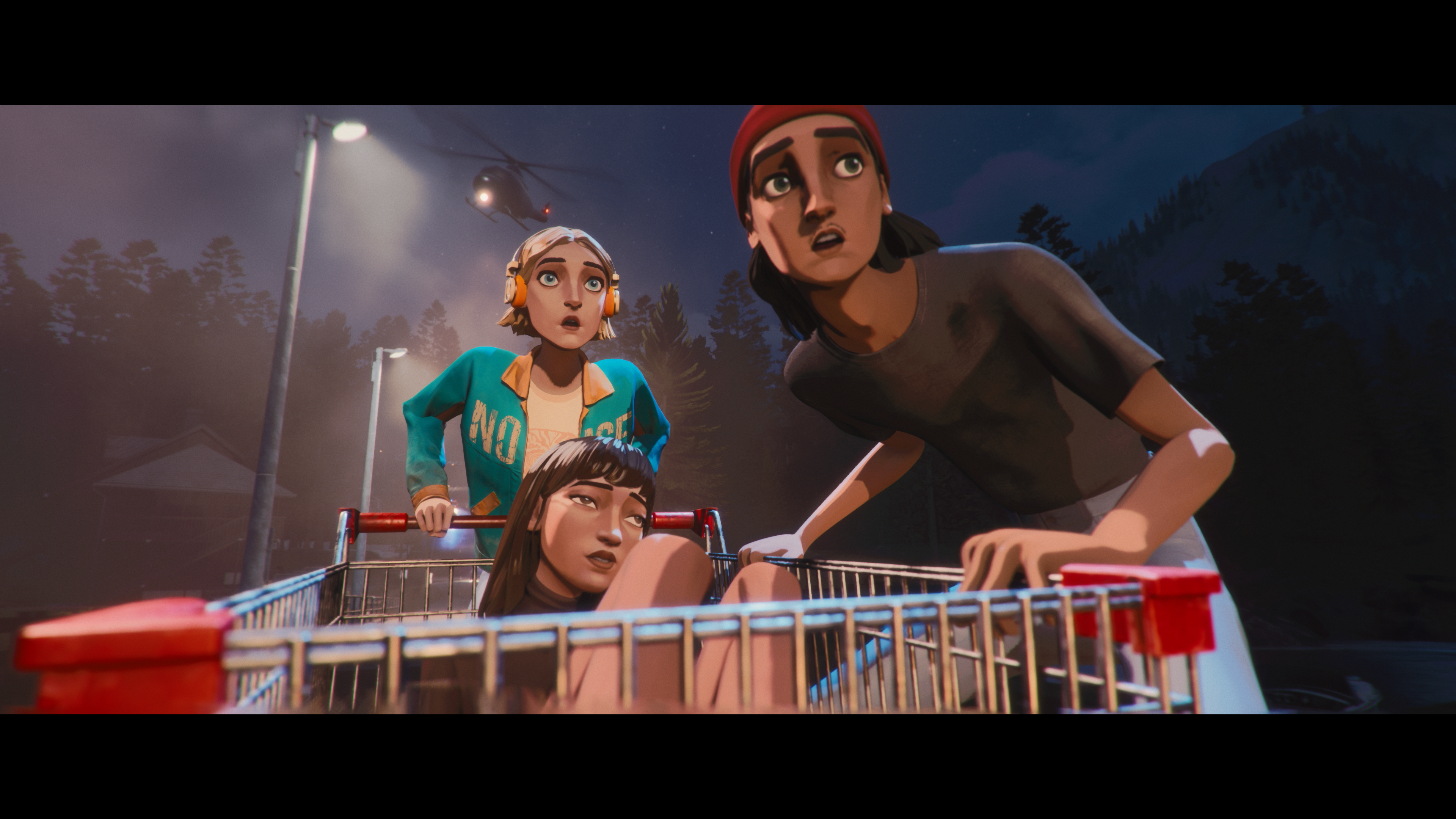 The three Mixtape friends in a shopping cart during a night scene for planning an uninterrupted first session