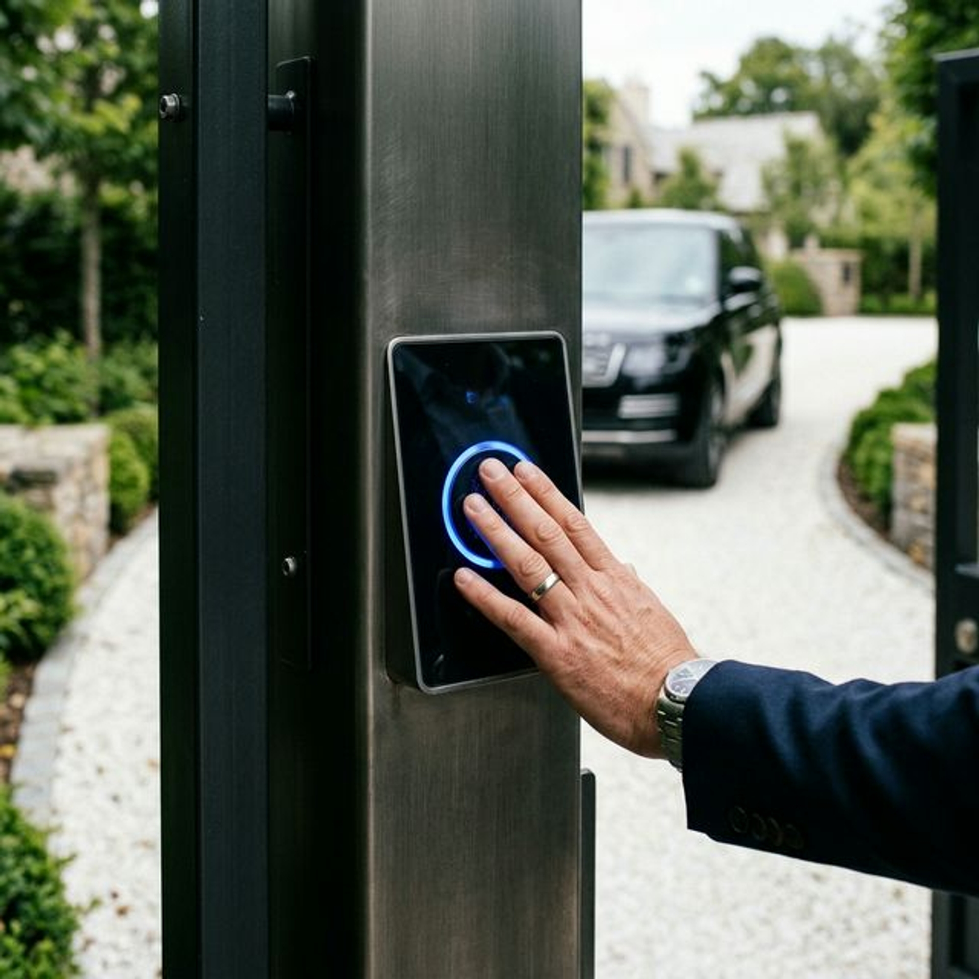 Close-up of a biometric security gate, representing the sovereign-level protection measures becoming standard in Miami's most exclusive enclaves.