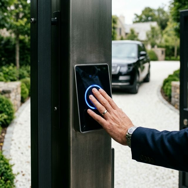Close-up of a biometric security gate, representing the sovereign-level protection measures becoming standard in Miami's most exclusive enclaves.