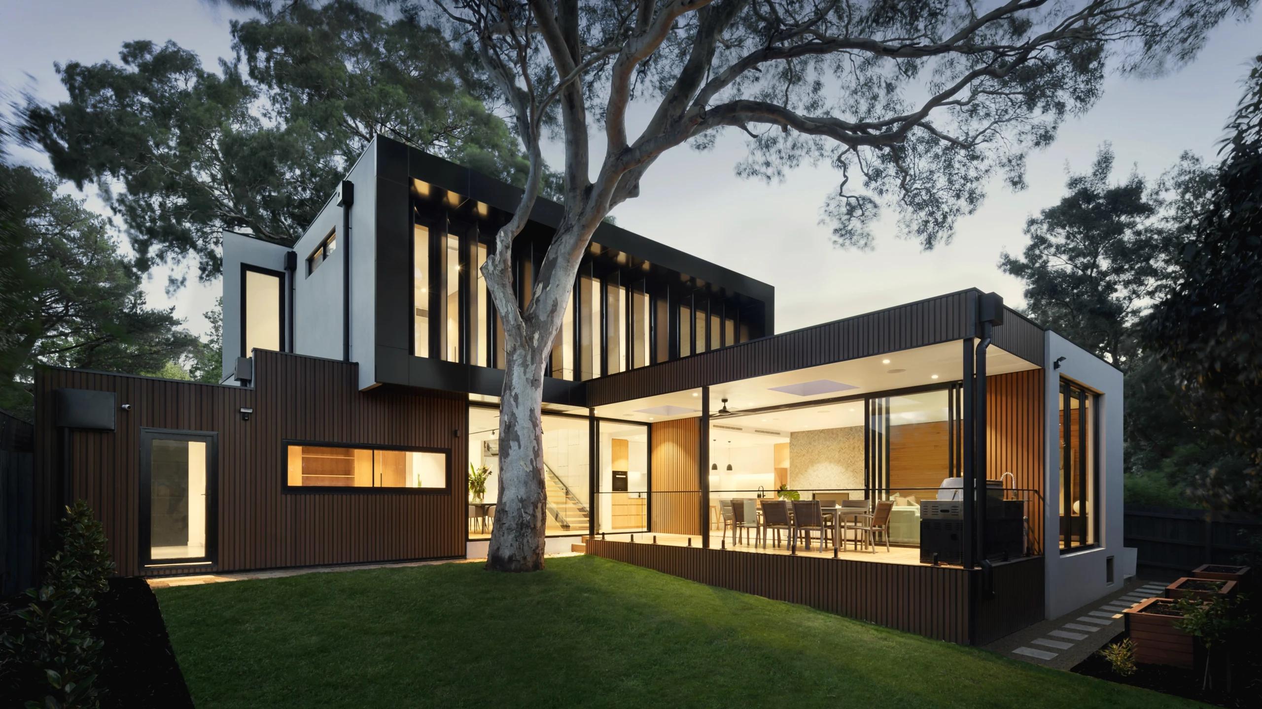 Discreet entrance facade of a luxury estate with minimalist architectural lines