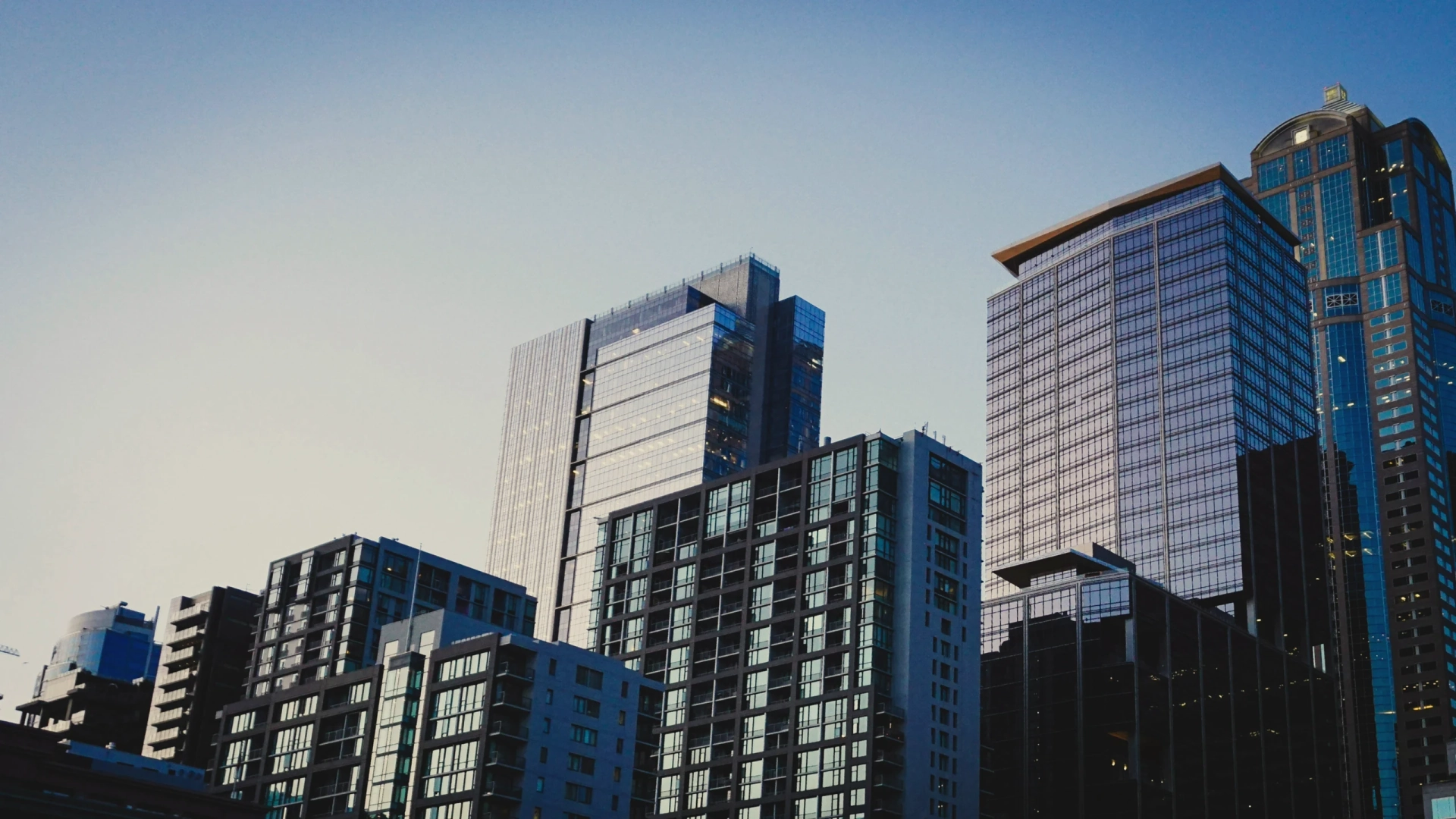 High-angle perspective of dense city buildings under clear sky