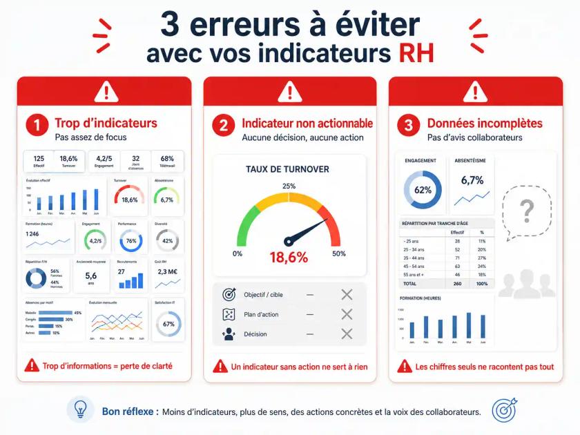 Infographie présentant les trois erreurs à éviter avec les indicateurs RH : suivre trop de KPI, utiliser des indicateurs non actionnables et analyser des données incomplètes sans retours qualitatifs des collaborateurs.