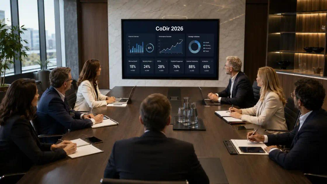 Composition du comité de direction en 2026 avec dirigeants réunis autour d’une table et tableau de bord CoDir sur écran.