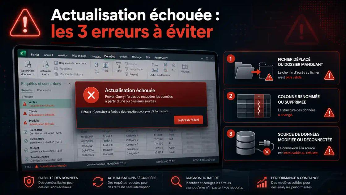 Schéma des 3 erreurs Power Query qui font échouer l'actualisation : fichier déplacé, colonne supprimée et source de données modifiée dans Excel et Power BI