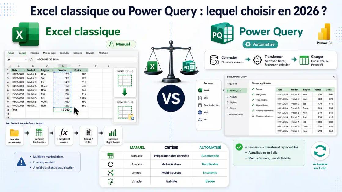 Comparatif visuel Power Query VS Excel classique en 2026 : manipulation manuelle versus automatisation des données sans code
