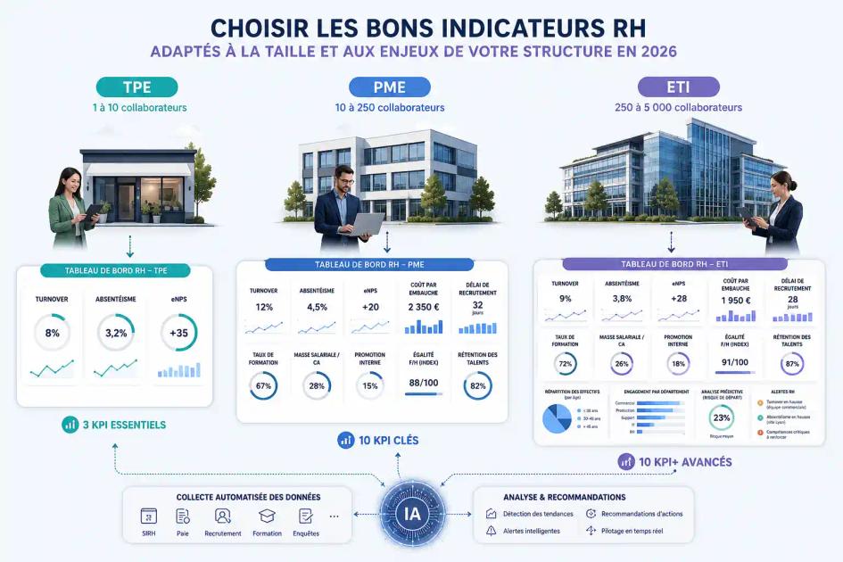 Comparatif des indicateurs RH adaptés aux TPE, PME et ETI en 2026, avec des tableaux de bord personnalisés selon la taille de l’entreprise et un suivi automatisé des KPI grâce à l’intelligence artificielle.
