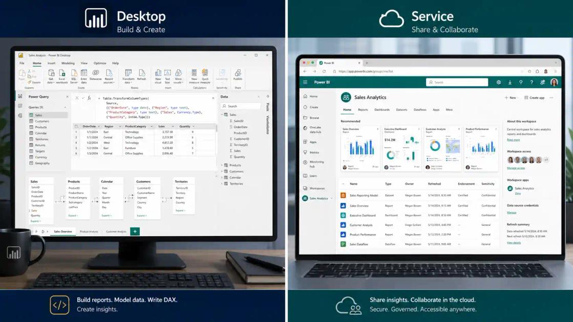 Power BI Desktop vs Power BI Service — création et modélisation des données à gauche, partage et collaboration dans le cloud à droite