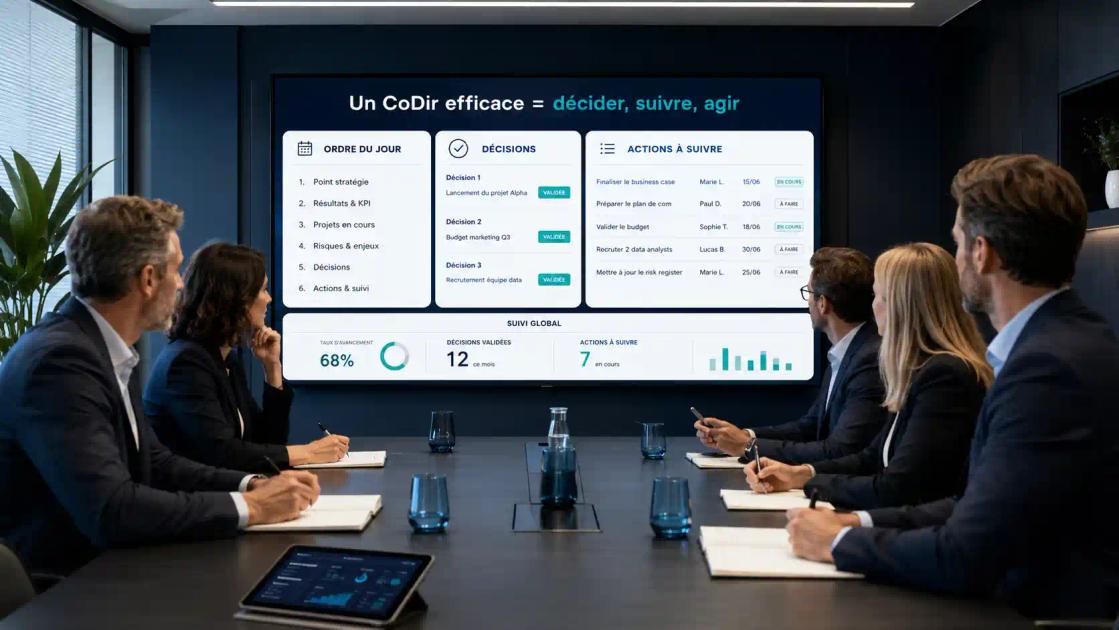 Fonctionnement d’un CoDir efficace en 2026 avec tableau de bord de réunion, décisions et actions à suivre.