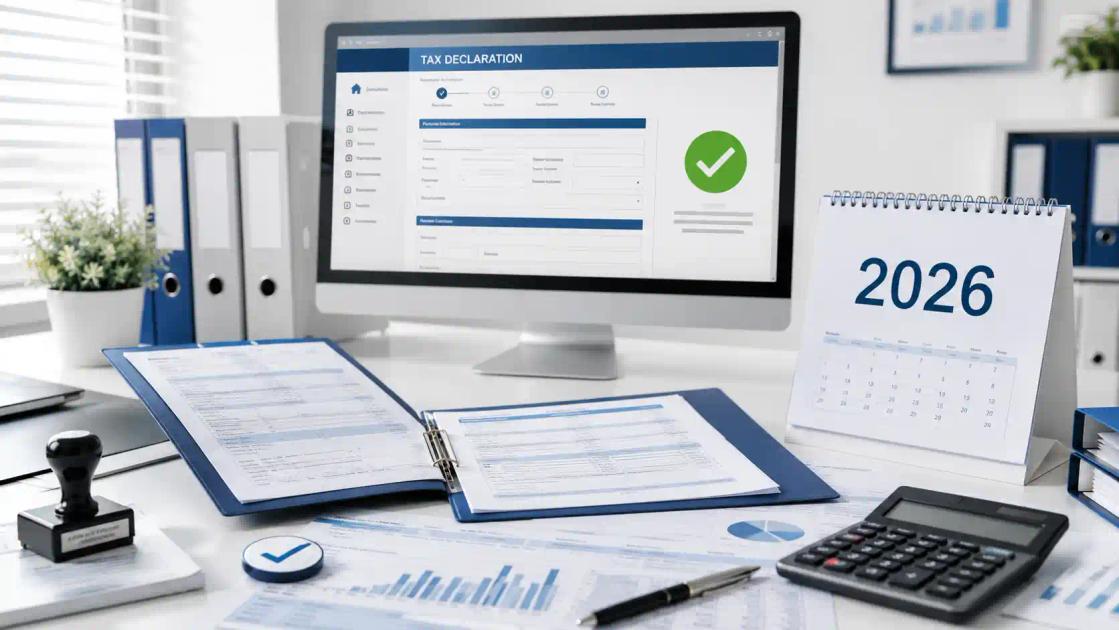 Bureau moderne avec ordinateur affichant une déclaration fiscale, dossier comptable, calculatrice et calendrier 2026.