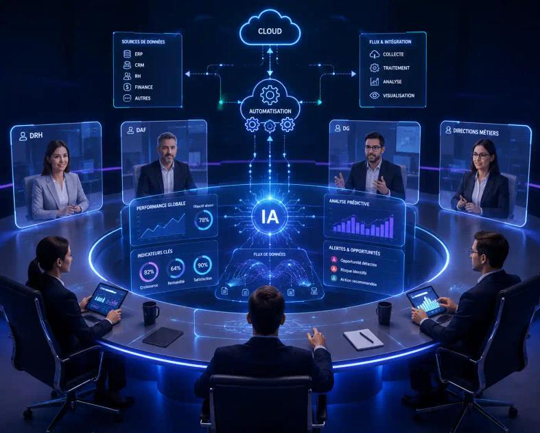 Schéma d'un CoDir virtuel utilisant l'IA pour l'analyse de données et la prise de décision