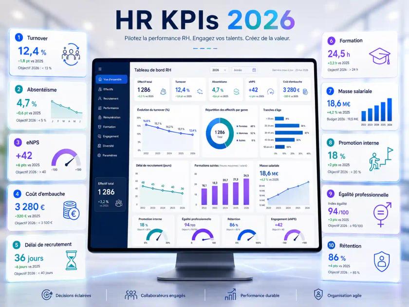 Tableau de bord RH digital présentant les 10 indicateurs clés de performance en 2026, dont le turnover, l’absentéisme, le recrutement, la formation, l’engagement, la masse salariale et la rétention des talents.