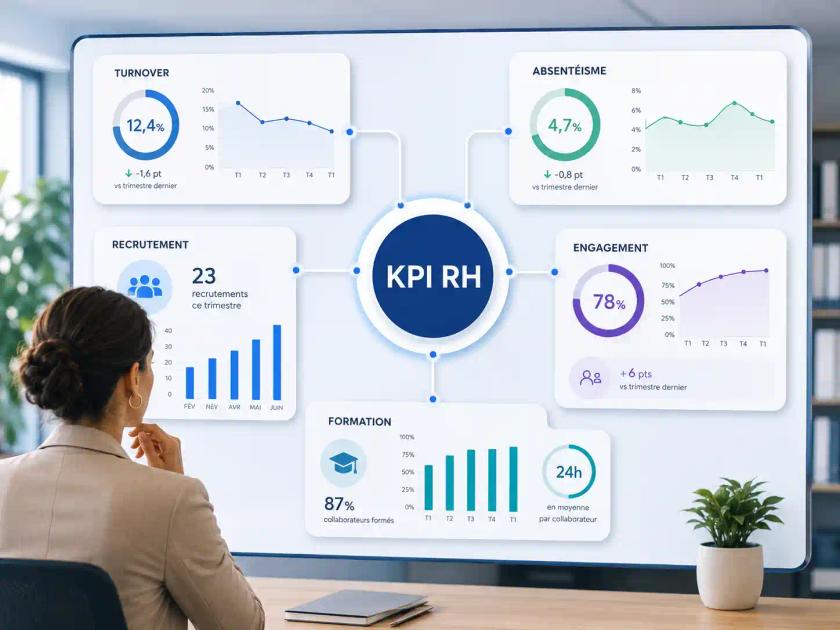 Responsable RH analysant un tableau de bord digital présentant plusieurs indicateurs de performance RH, notamment le turnover, l’absentéisme, le recrutement, la formation et l’engagement des collaborateurs.