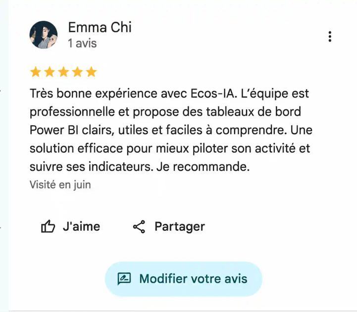 Avis client vérifié Google 5 étoiles - Ecos-IA tableaux de bord Power BI