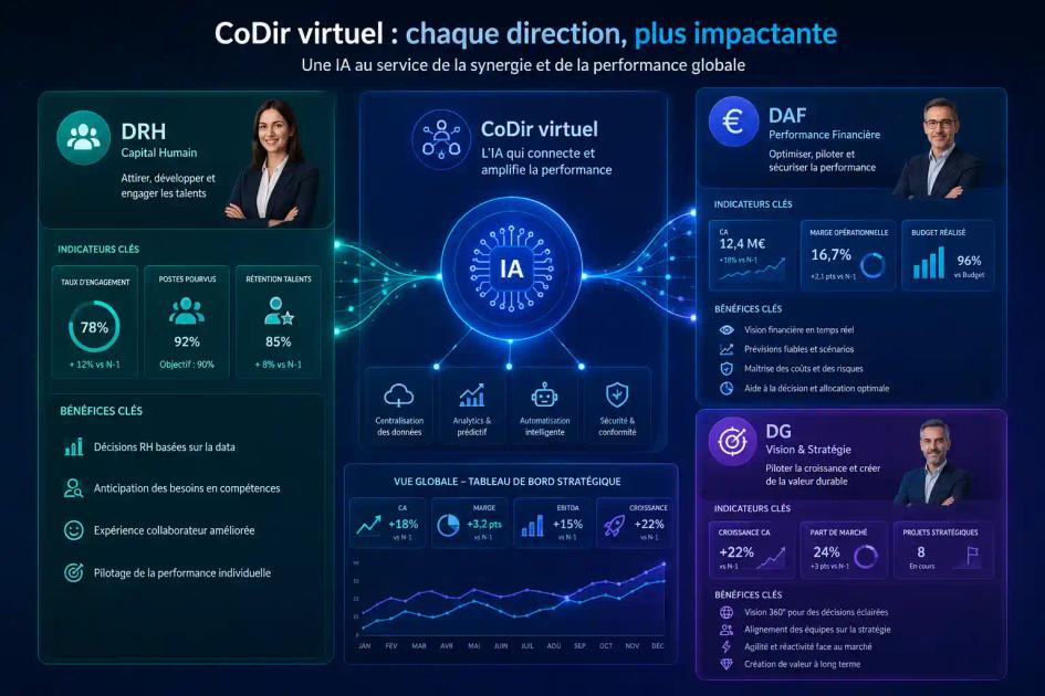 Infographie corporate illustrant comment un CoDir virtuel et une IA connectent les directions RH, Finance et Générale grâce aux données et aux indicateurs de performance.