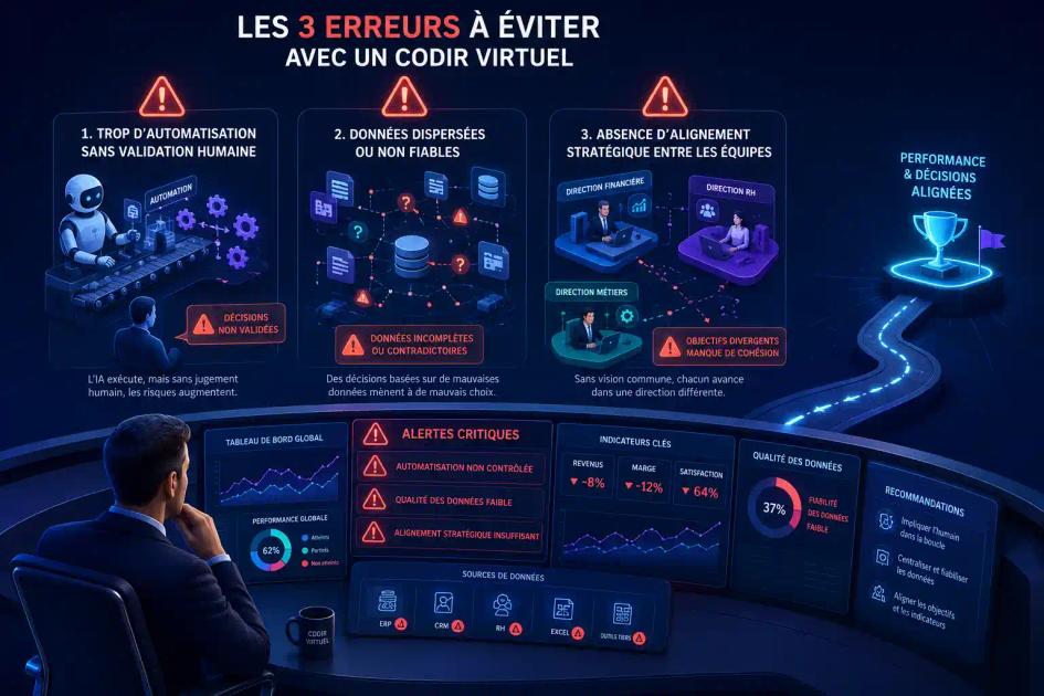 Infographie des 3 erreurs à éviter avec un CoDir virtuel : automatisation sans validation humaine, données non fiables, absence d'alignement stratégique