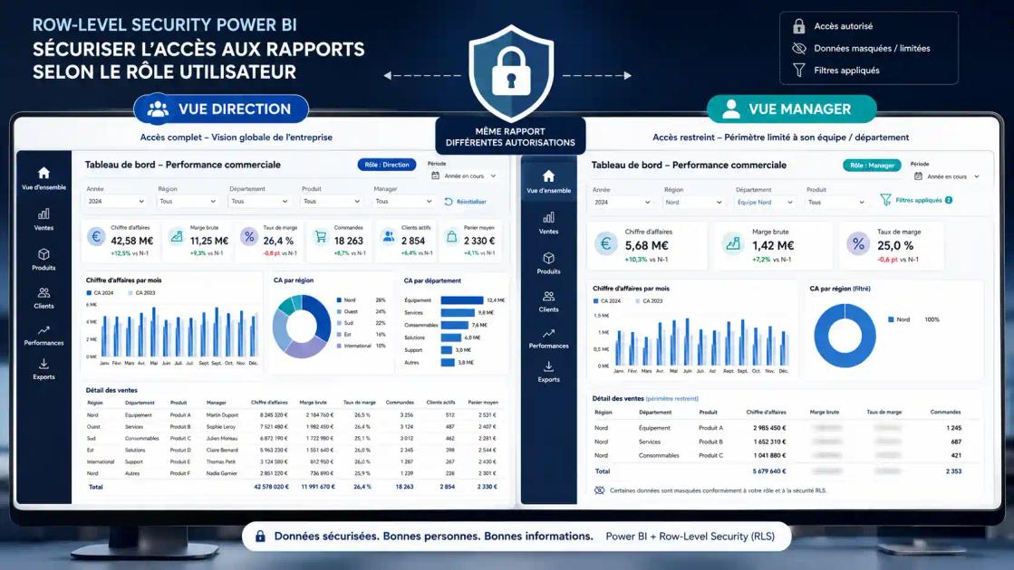 Row-Level Security Power BI Service — même rapport, deux vues différentes selon le rôle (Direction vs Manager)