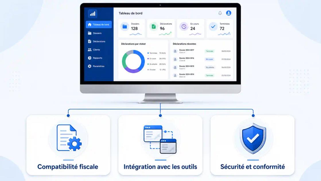 Infographie présentant les trois critères pour choisir un logiciel de liasse fiscale : compatibilité fiscale, intégration avec les outils et sécurité des données.