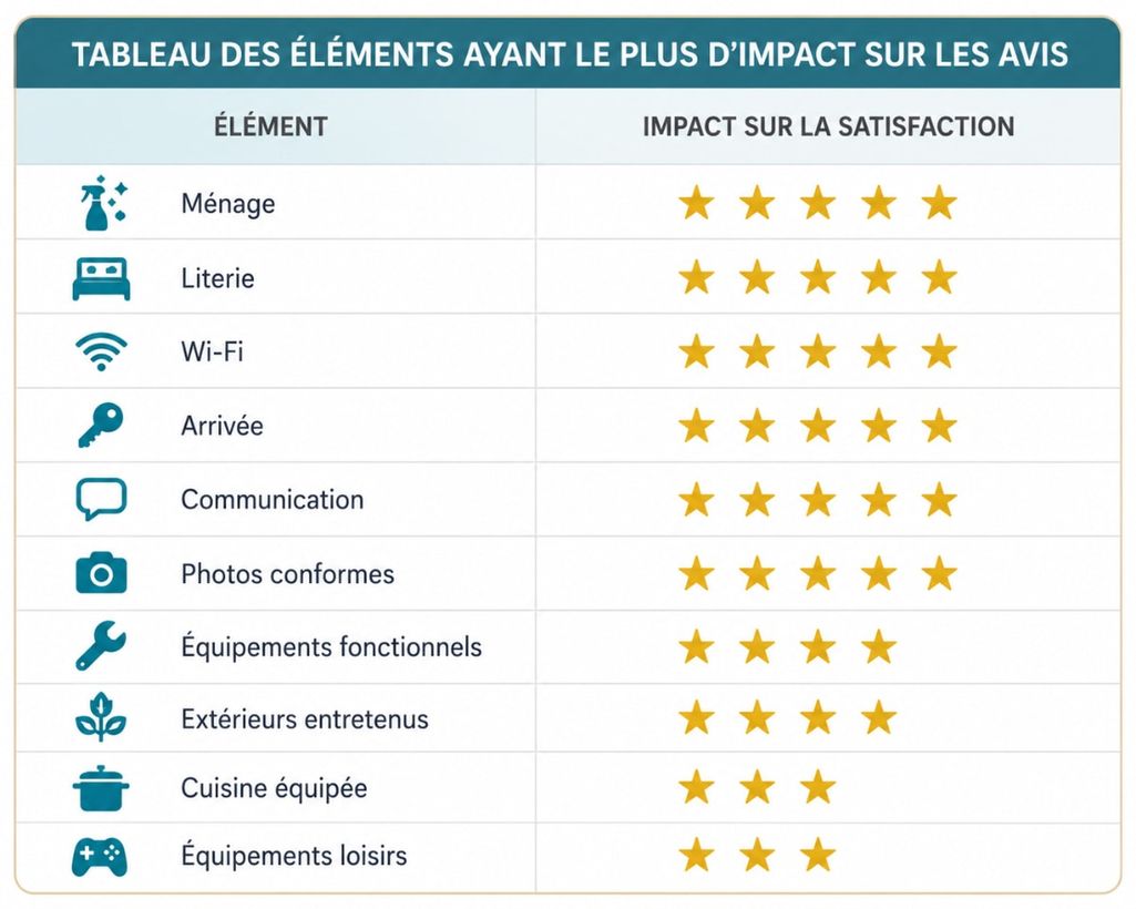 Tableau des éléments ayant le plus d’impact sur les avis voyageurs