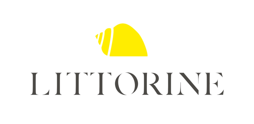 Logo Littorine, un coquillage jaune au-dessus du nom de la conciergerie, sur fond blanc