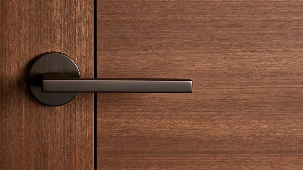 Poignée de porte design sur une porte en bois sombre