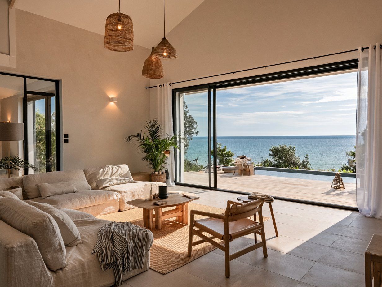 Salon lumineux d’une villa ouvrant sur le littoral