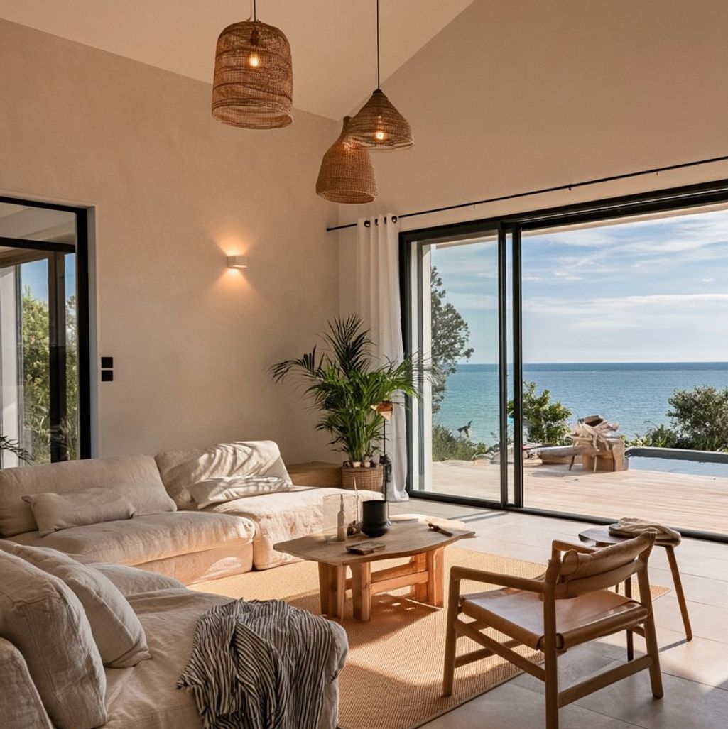 Salon lumineux d’une villa ouvrant sur le littoral