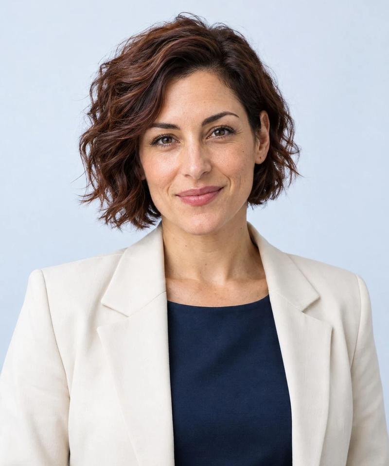 Michele, travel virtual assistant, smiling with curly dark hair in a cream blazer