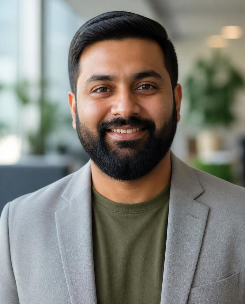 Max, travel virtual assistant, smiling with a full dark beard in a grey blazer over an olive t-shirt