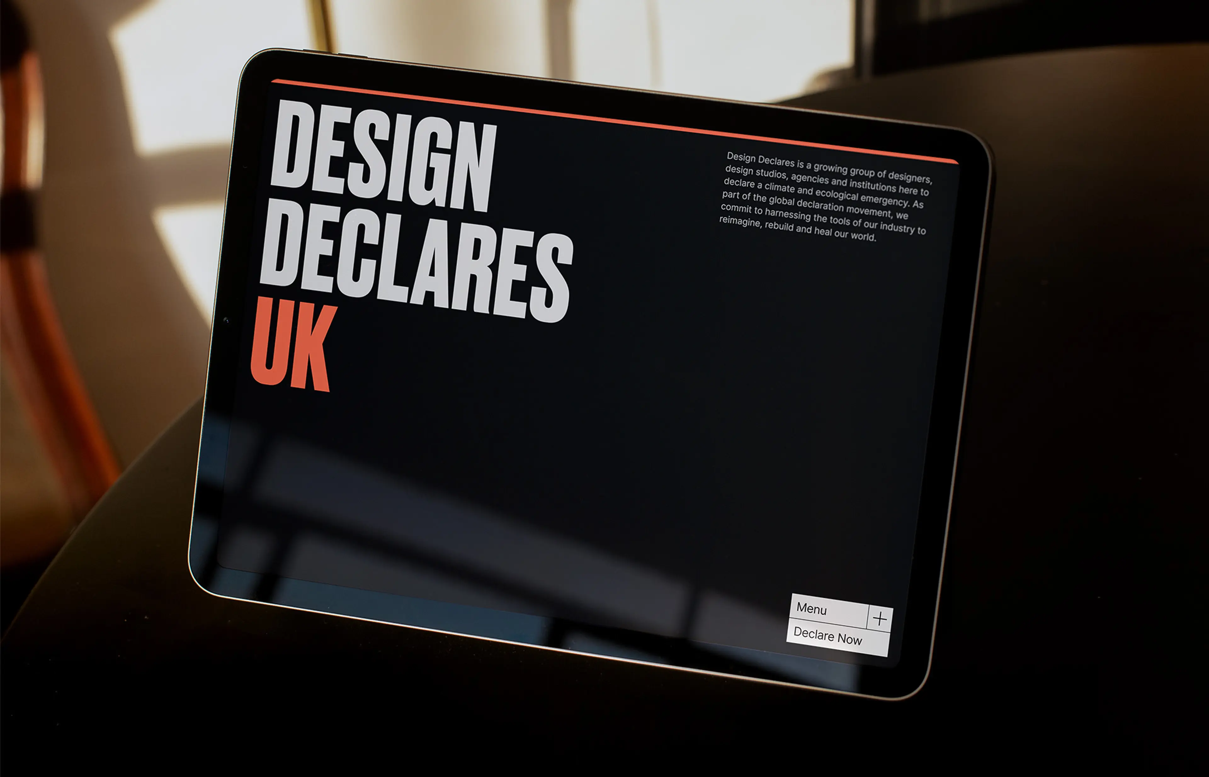 Design Declares website on a tablet